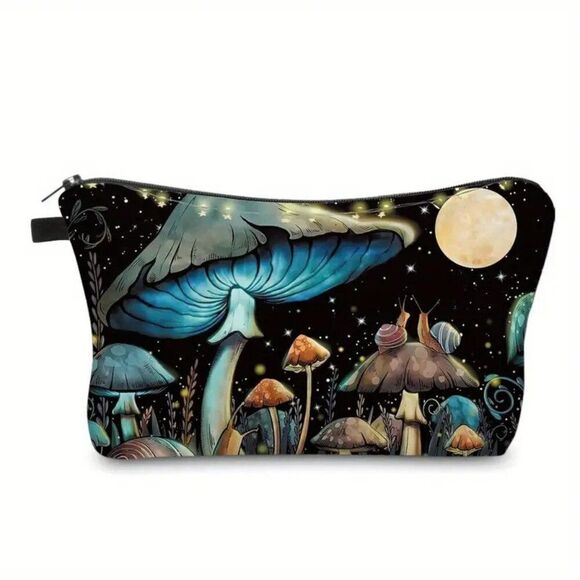 Blue Mushroom & 2 Snails Lightweight Zippered Cosmetic Makeup Bag Double Sided - Picture 1 of 2